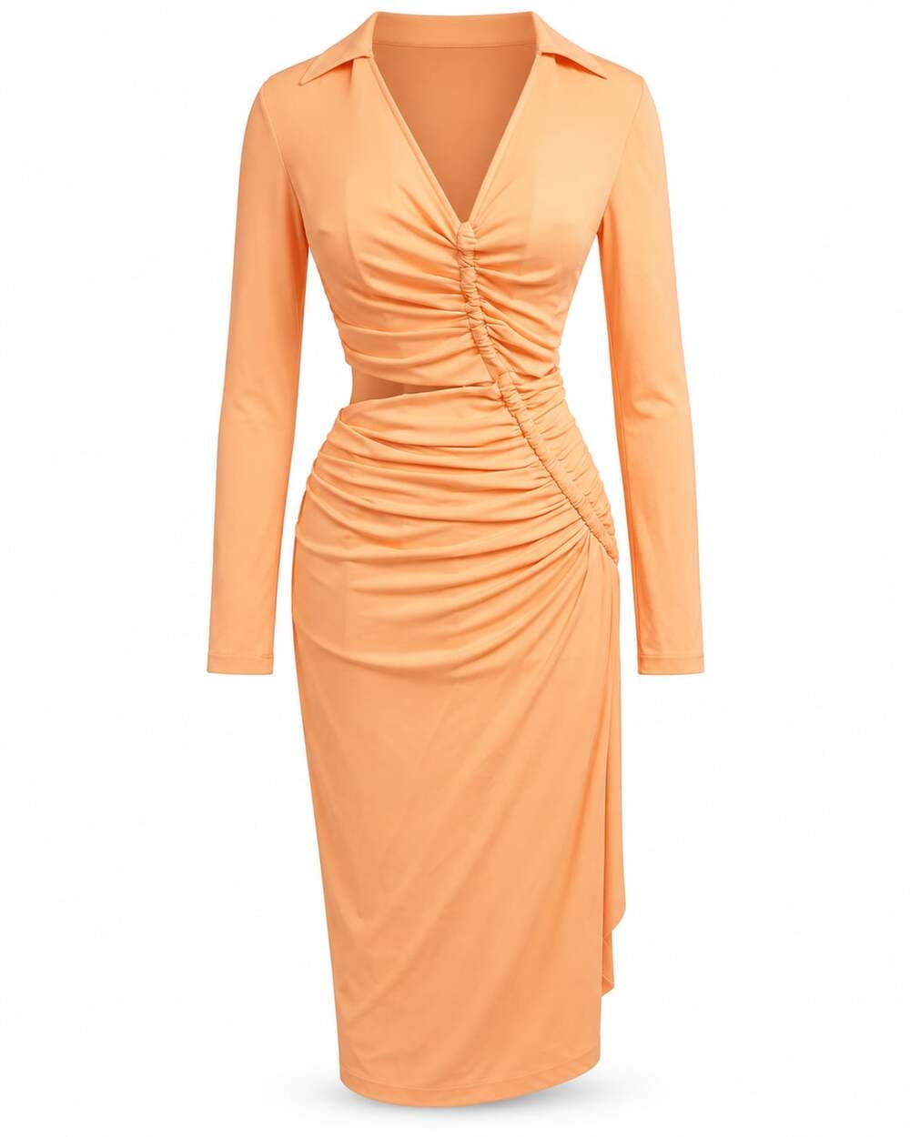Off-White Ruched Cutout Crepe Midi Shirt Dress Size 36 Peach Orange